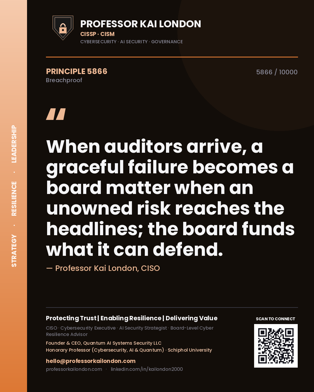 Professor Kai London principle 5866: When auditors arrive, a graceful failure becomes a board matter when an unowned risk reaches the headlines; the board funds what it can defend.
