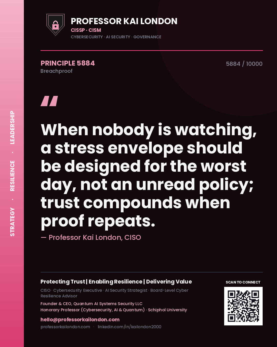 Professor Kai London principle 5884: When nobody is watching, a stress envelope should be designed for the worst day, not an unread policy; trust compounds when proof repeats.
