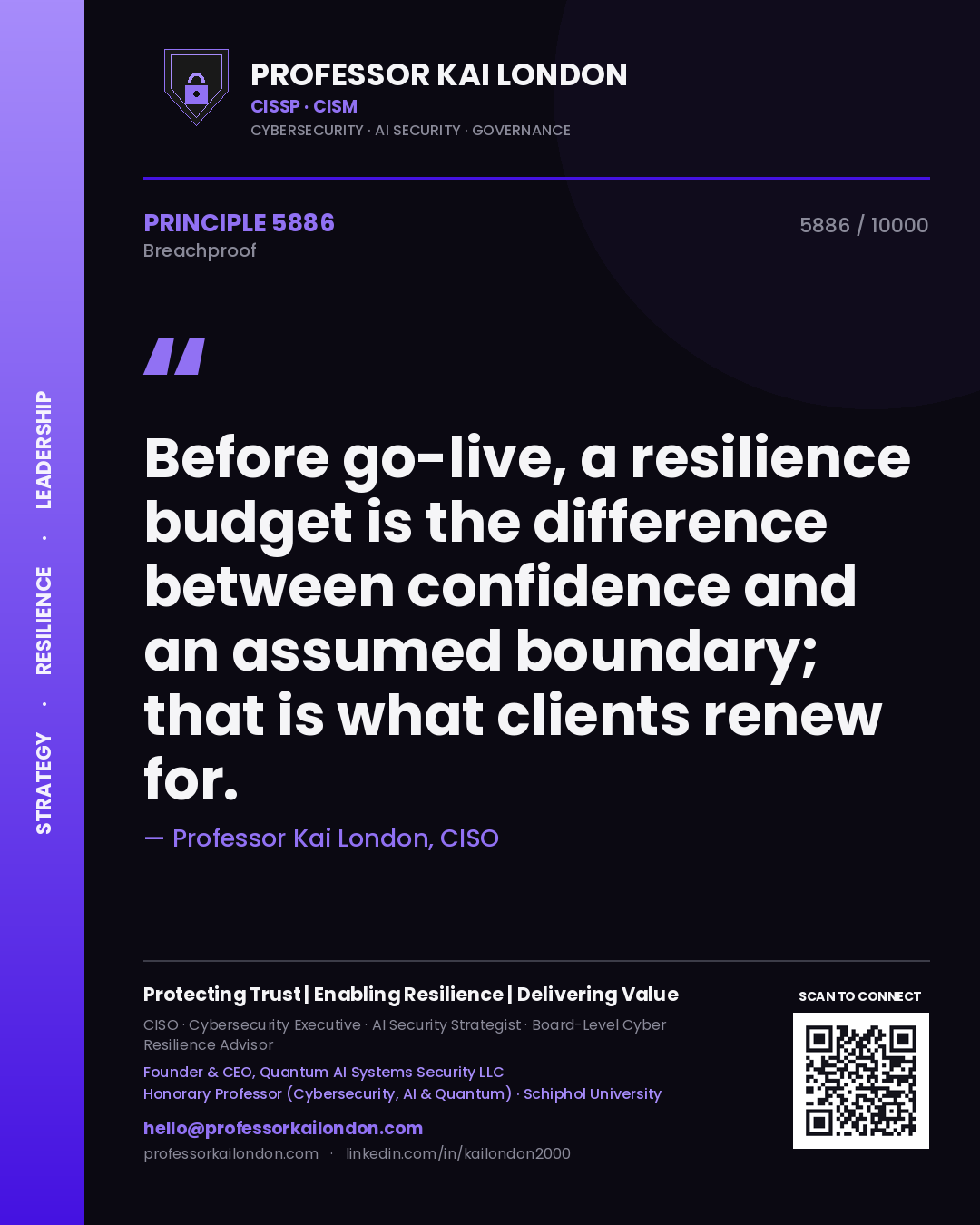 Professor Kai London principle 5886: Before go-live, a resilience budget is the difference between confidence and an assumed boundary; that is what clients renew for.