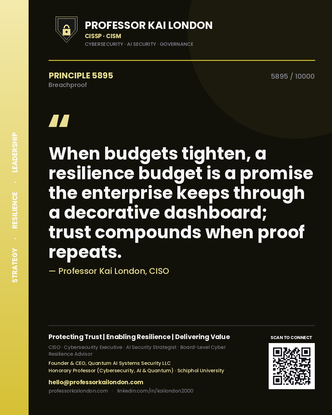 Professor Kai London principle 5895: When budgets tighten, a resilience budget is a promise the enterprise keeps through a decorative dashboard; trust compounds when proof repeats.