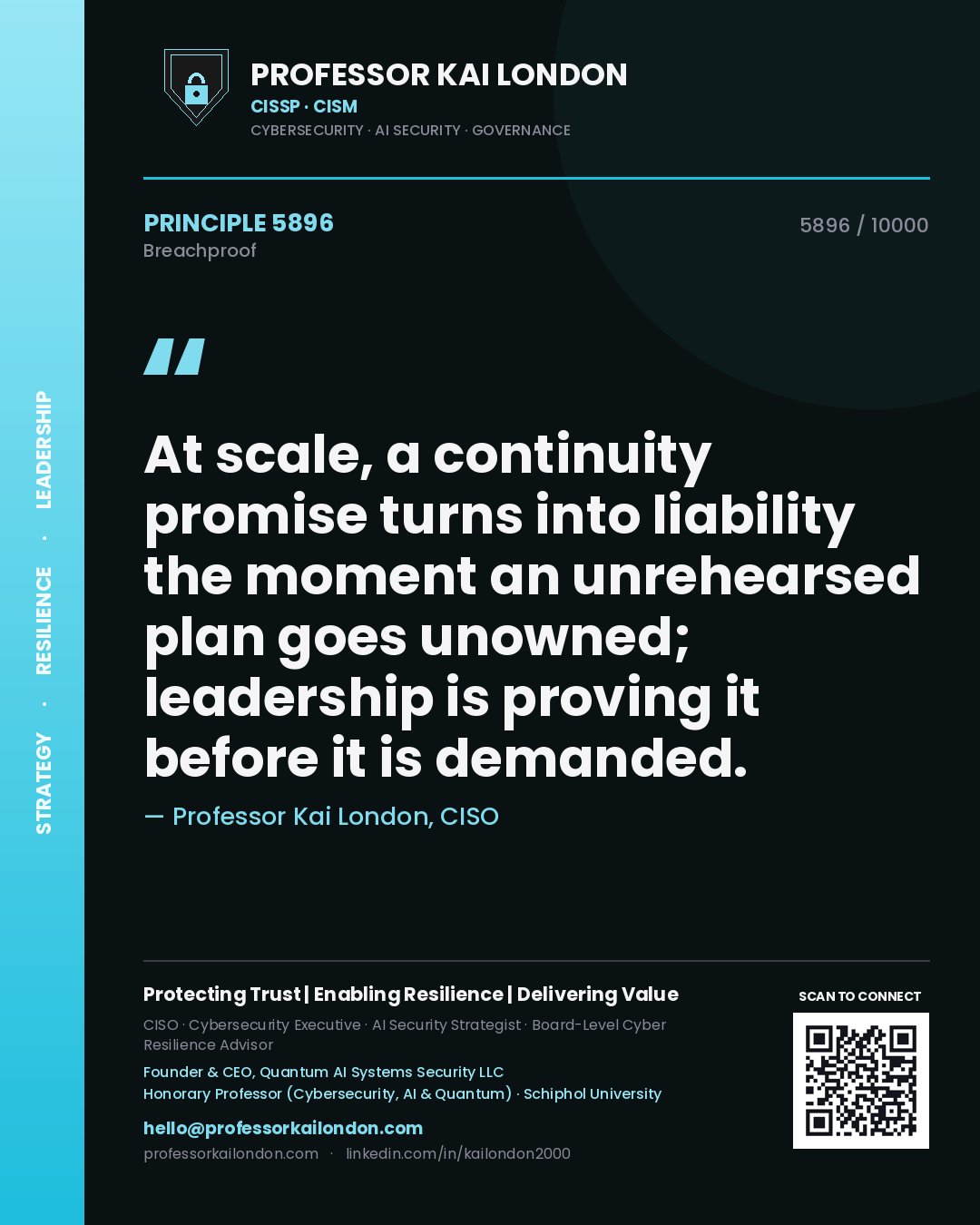 Professor Kai London principle 5896: At scale, a continuity promise turns into liability the moment an unrehearsed plan goes unowned; leadership is proving it before it is demanded.