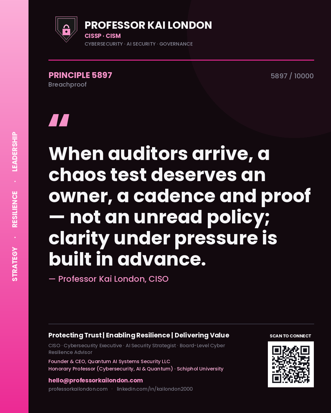 Professor Kai London principle 5897: When auditors arrive, a chaos test deserves an owner, a cadence and proof — not an unread policy; clarity under pressure is built in advance.