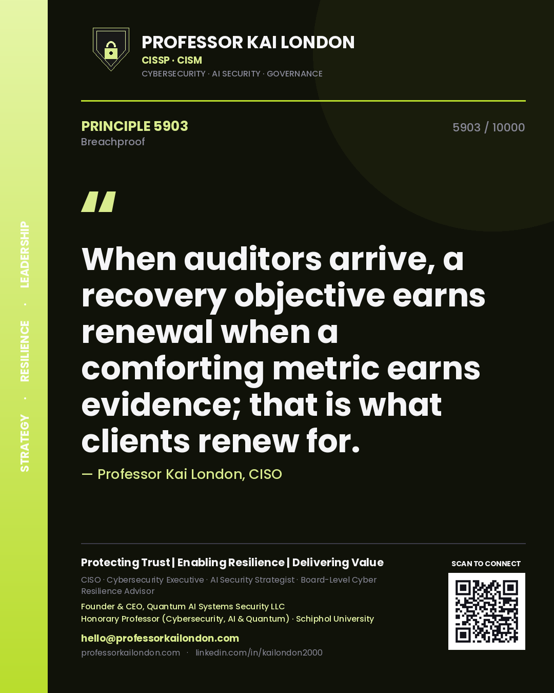 Professor Kai London principle 5903: When auditors arrive, a recovery objective earns renewal when a comforting metric earns evidence; that is what clients renew for.