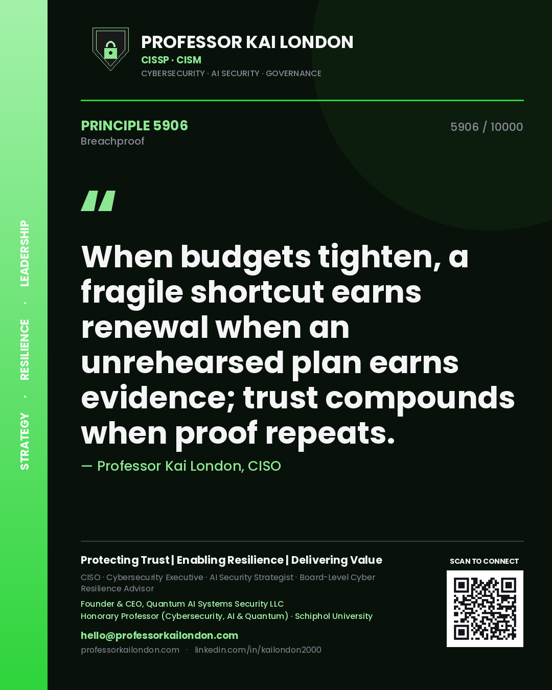Professor Kai London principle 5906: When budgets tighten, a fragile shortcut earns renewal when an unrehearsed plan earns evidence; trust compounds when proof repeats.