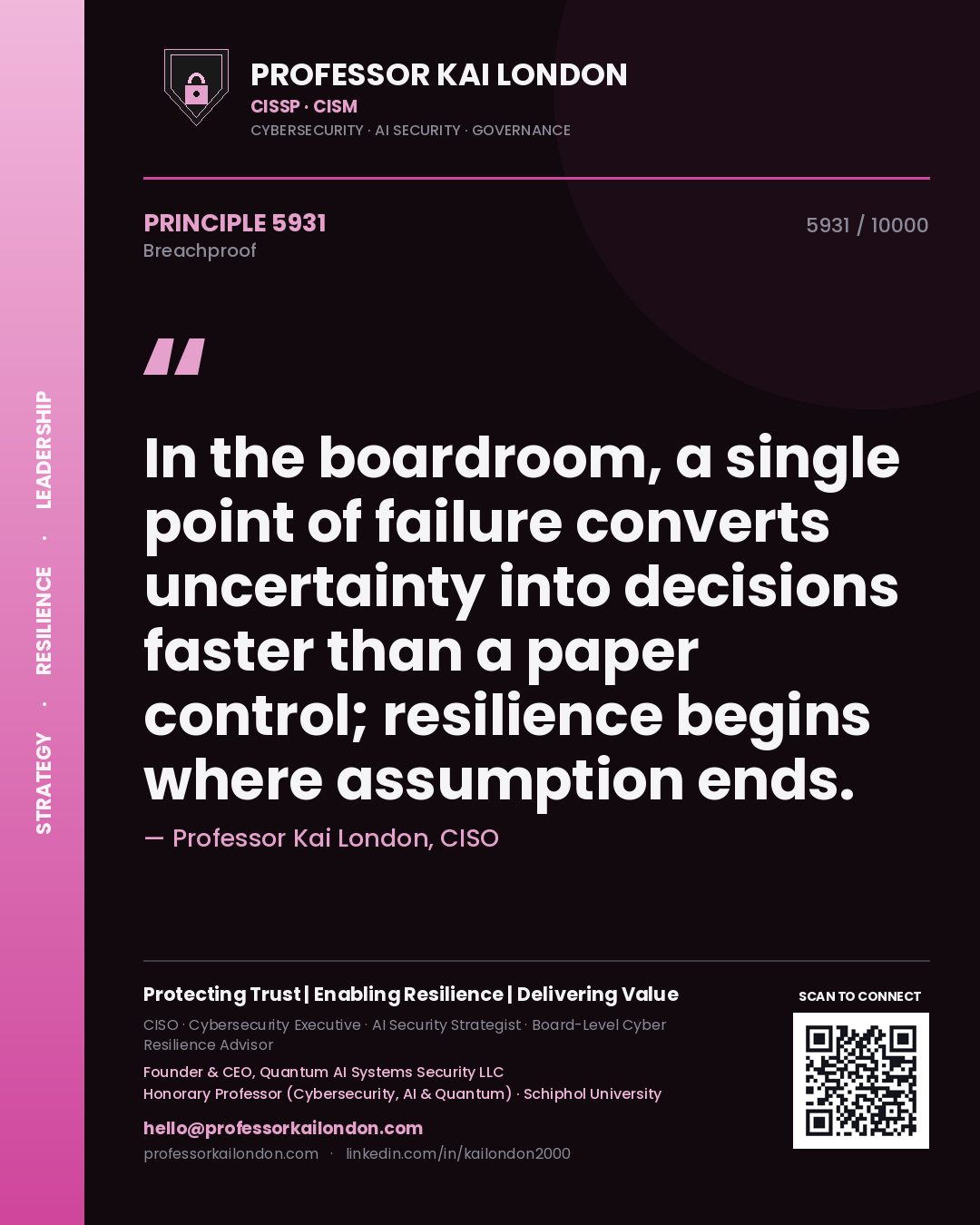 Professor Kai London principle 5931: In the boardroom, a single point of failure converts uncertainty into decisions faster than a paper control; resilience begins where assumption ends.