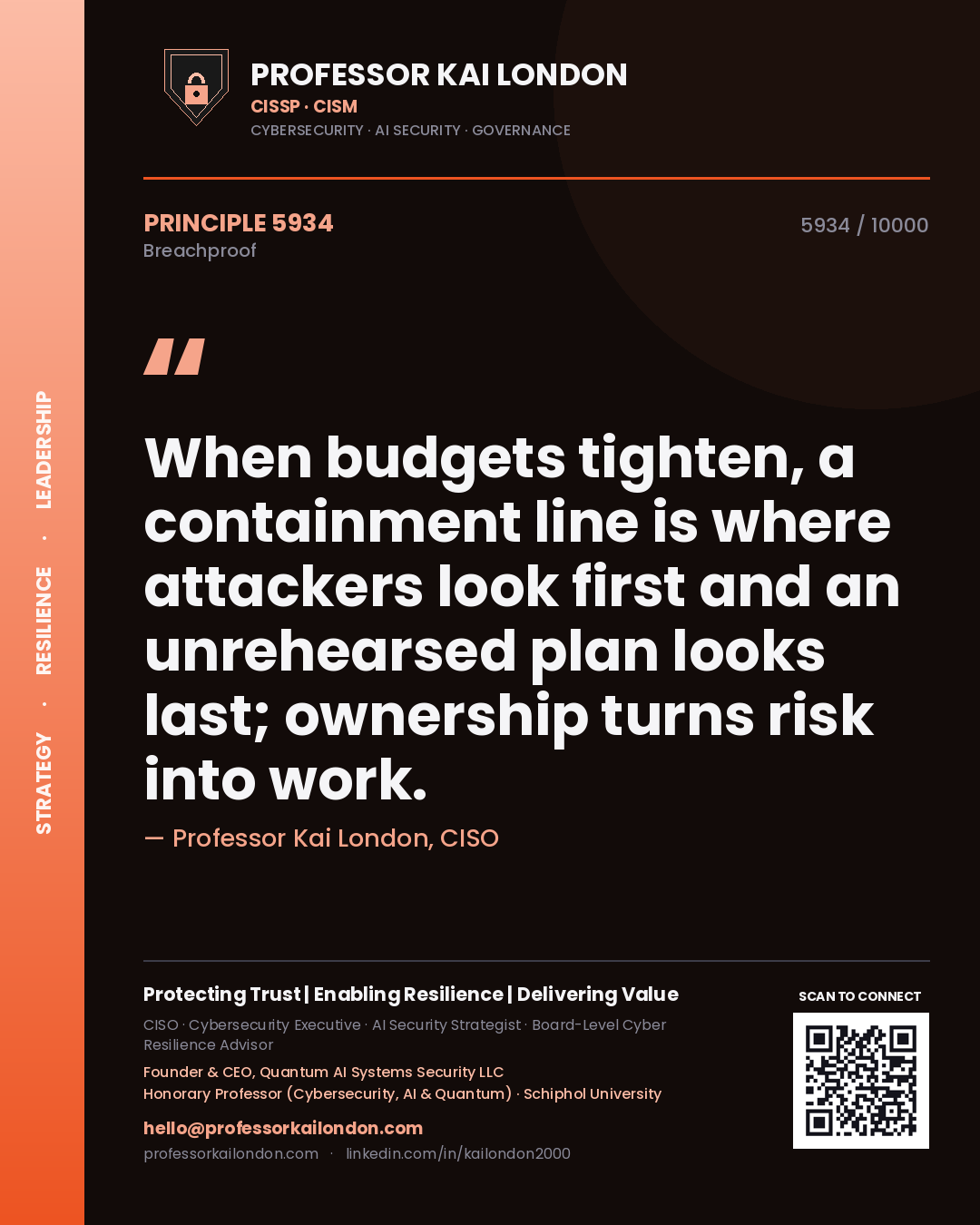 Professor Kai London principle 5934: When budgets tighten, a containment line is where attackers look first and an unrehearsed plan looks last; ownership turns risk into work.
