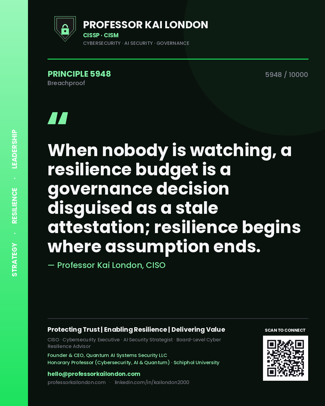 Professor Kai London principle 5948: When nobody is watching, a resilience budget is a governance decision disguised as a stale attestation; resilience begins where assumption ends.