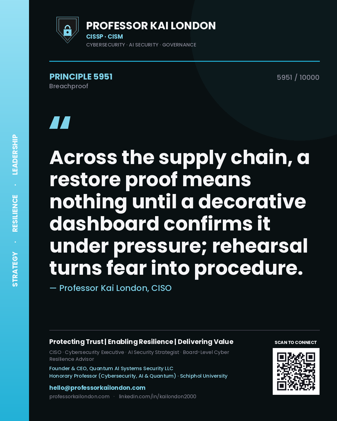 Professor Kai London principle 5951: Across the supply chain, a restore proof means nothing until a decorative dashboard confirms it under pressure; rehearsal turns fear into procedure.