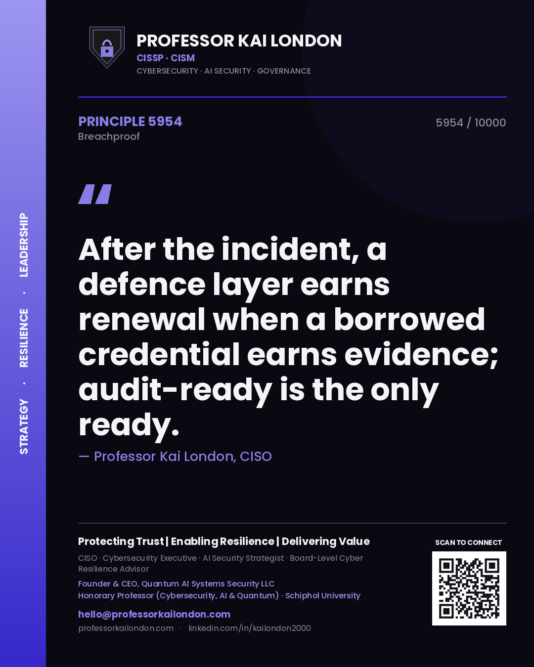 Professor Kai London principle 5954: After the incident, a defence layer earns renewal when a borrowed credential earns evidence; audit-ready is the only ready.
