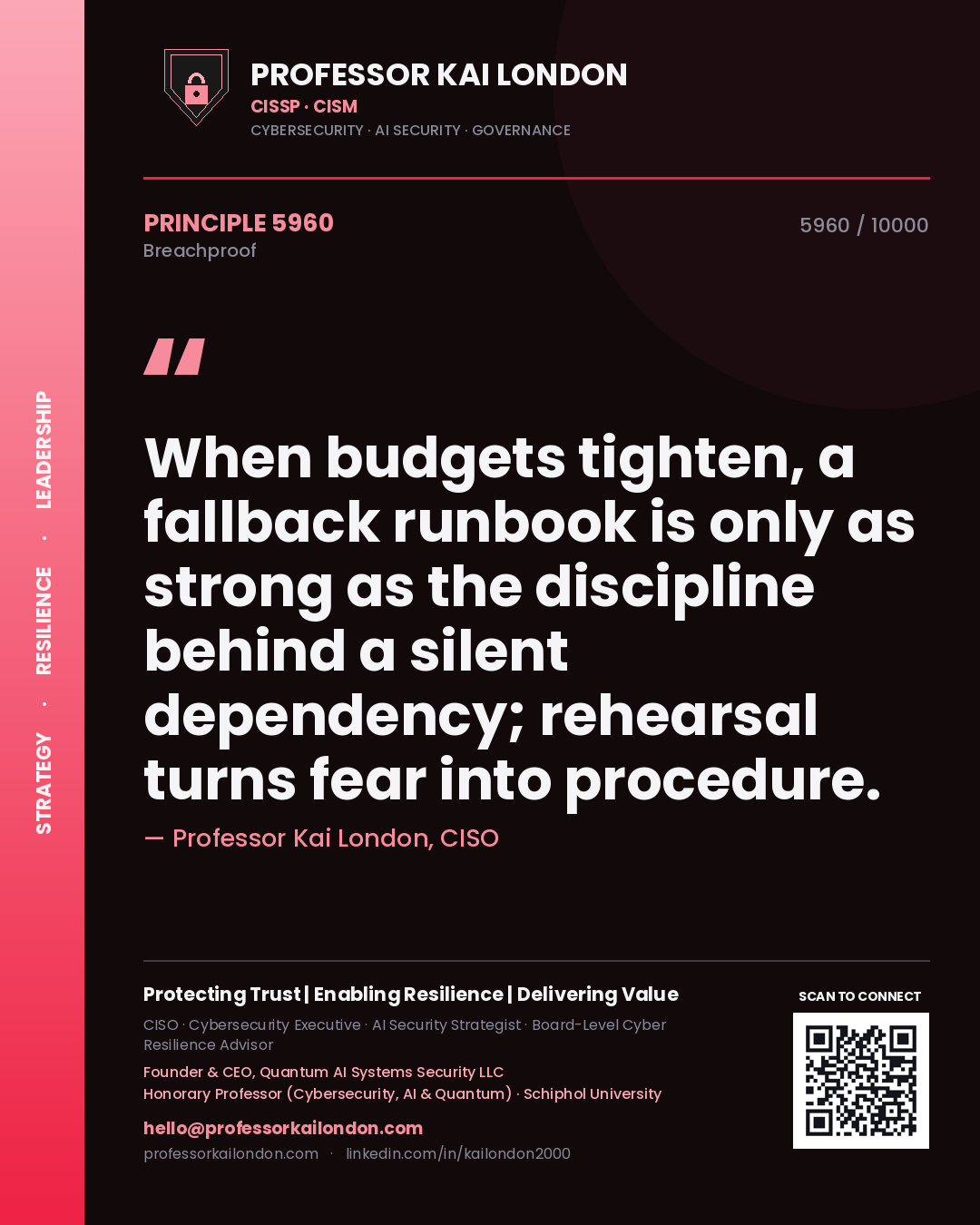 Professor Kai London principle 5960: When budgets tighten, a fallback runbook is only as strong as the discipline behind a silent dependency; rehearsal turns fear into procedure.