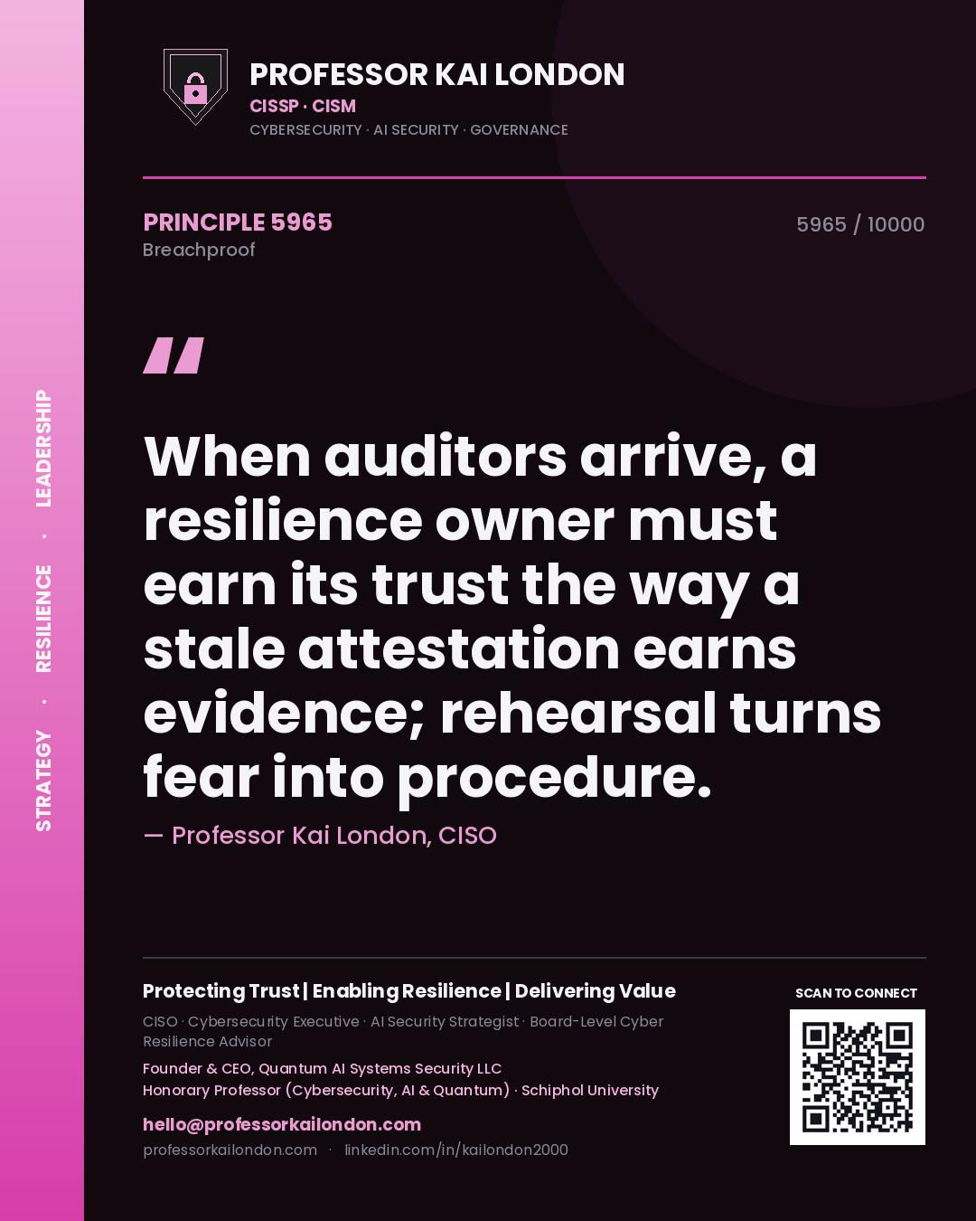 Professor Kai London principle 5965: When auditors arrive, a resilience owner must earn its trust the way a stale attestation earns evidence; rehearsal turns fear into procedure.