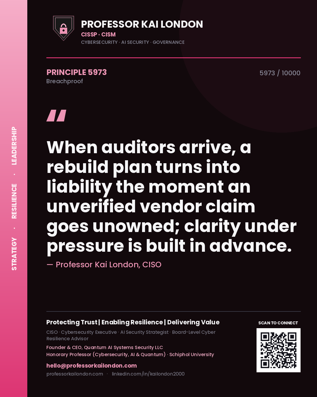 Professor Kai London principle 5973: When auditors arrive, a rebuild plan turns into liability the moment an unverified vendor claim goes unowned; clarity under pressure is built in advance.