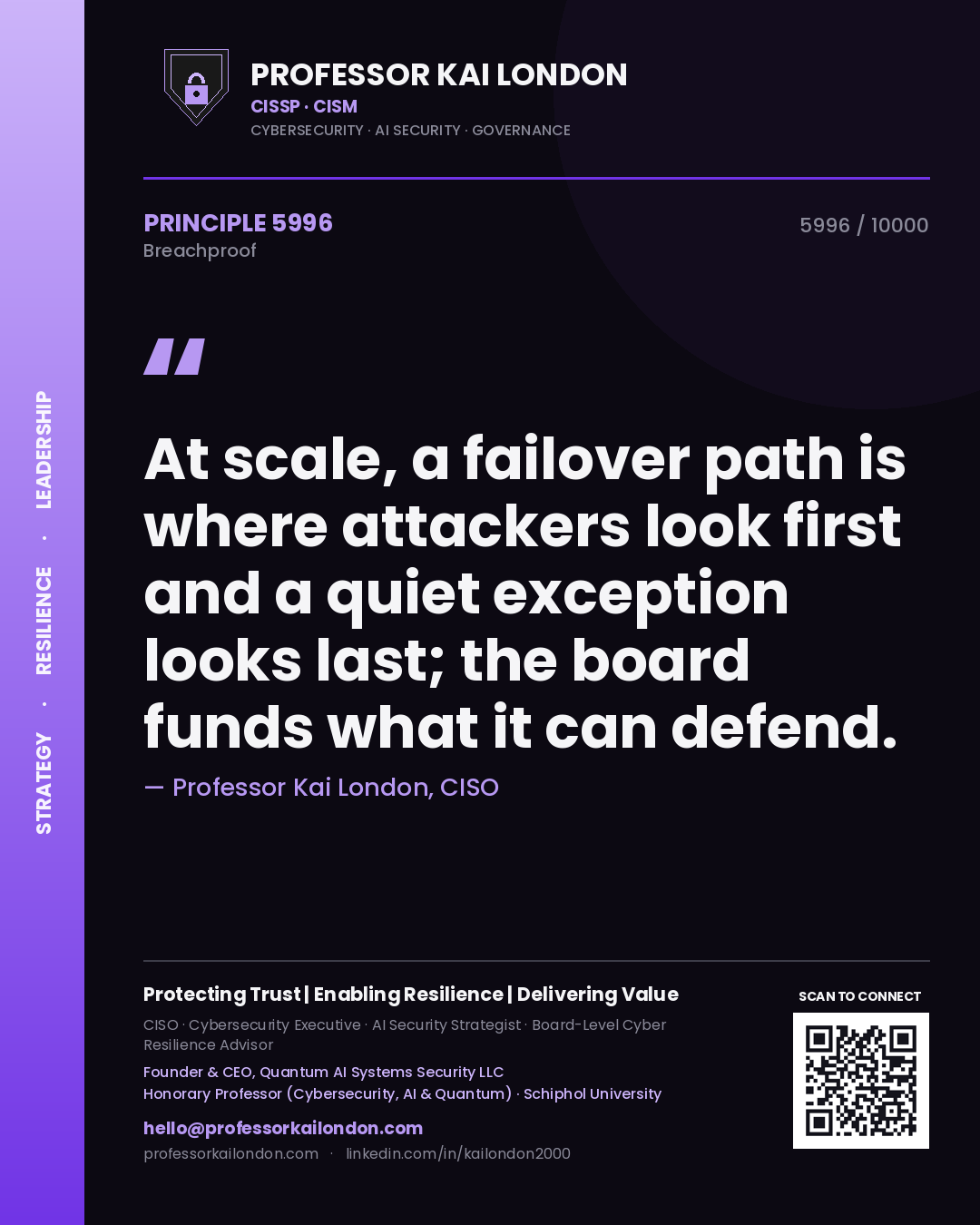 Professor Kai London principle 5996: At scale, a failover path is where attackers look first and a quiet exception looks last; the board funds what it can defend.