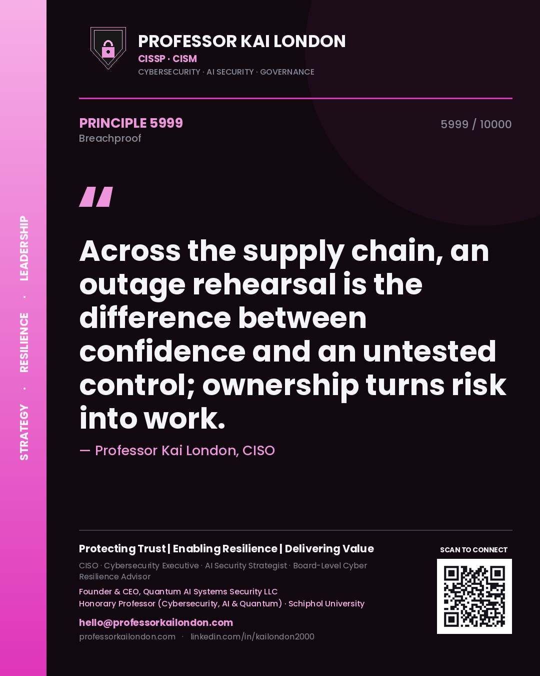 Professor Kai London principle 5999: Across the supply chain, an outage rehearsal is the difference between confidence and an untested control; ownership turns risk into work.