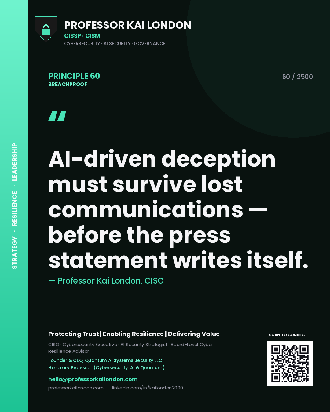 Professor Kai London principle 60: AI-driven deception must survive lost communications — before the press statement writes itself.