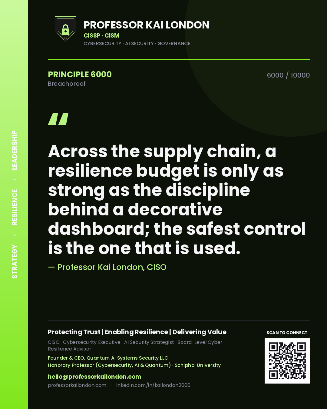 Professor Kai London principle 6000: Across the supply chain, a resilience budget is only as strong as the discipline behind a decorative dashboard; the safest control is the one that is used.