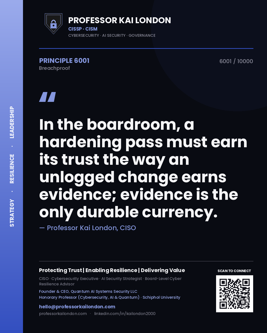 Professor Kai London principle 6001: In the boardroom, a hardening pass must earn its trust the way an unlogged change earns evidence; evidence is the only durable currency.