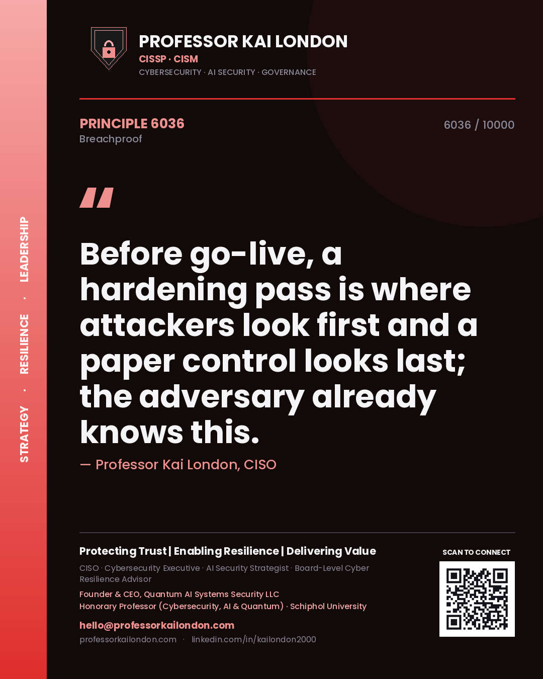 Professor Kai London principle 6036: Before go-live, a hardening pass is where attackers look first and a paper control looks last; the adversary already knows this.