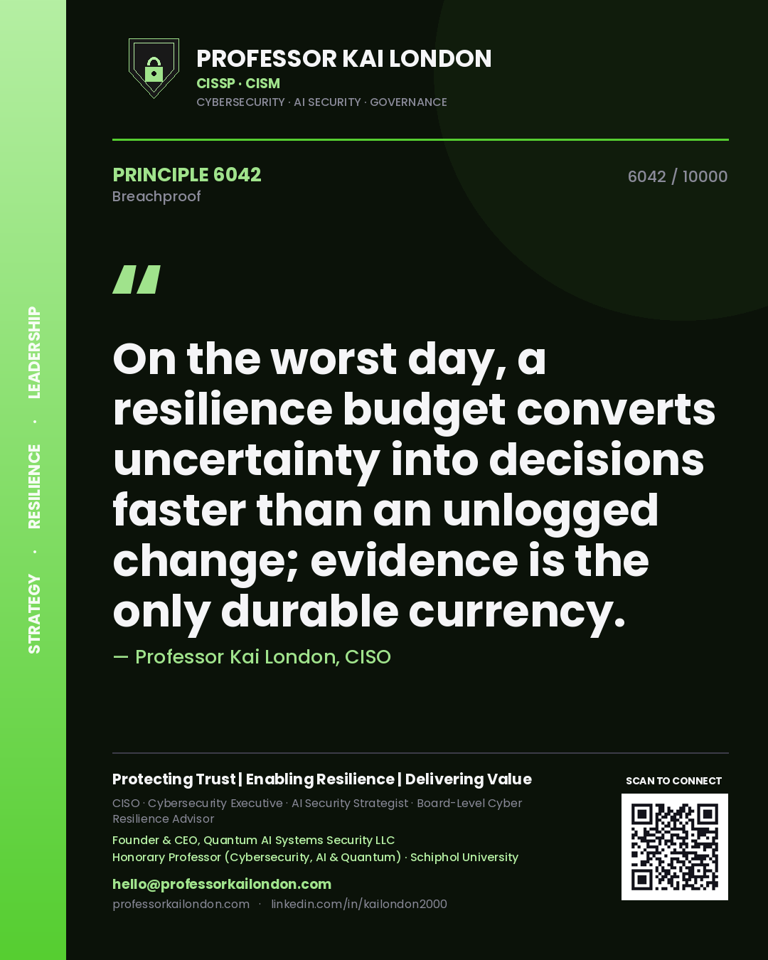 Professor Kai London principle 6042: On the worst day, a resilience budget converts uncertainty into decisions faster than an unlogged change; evidence is the only durable currency.
