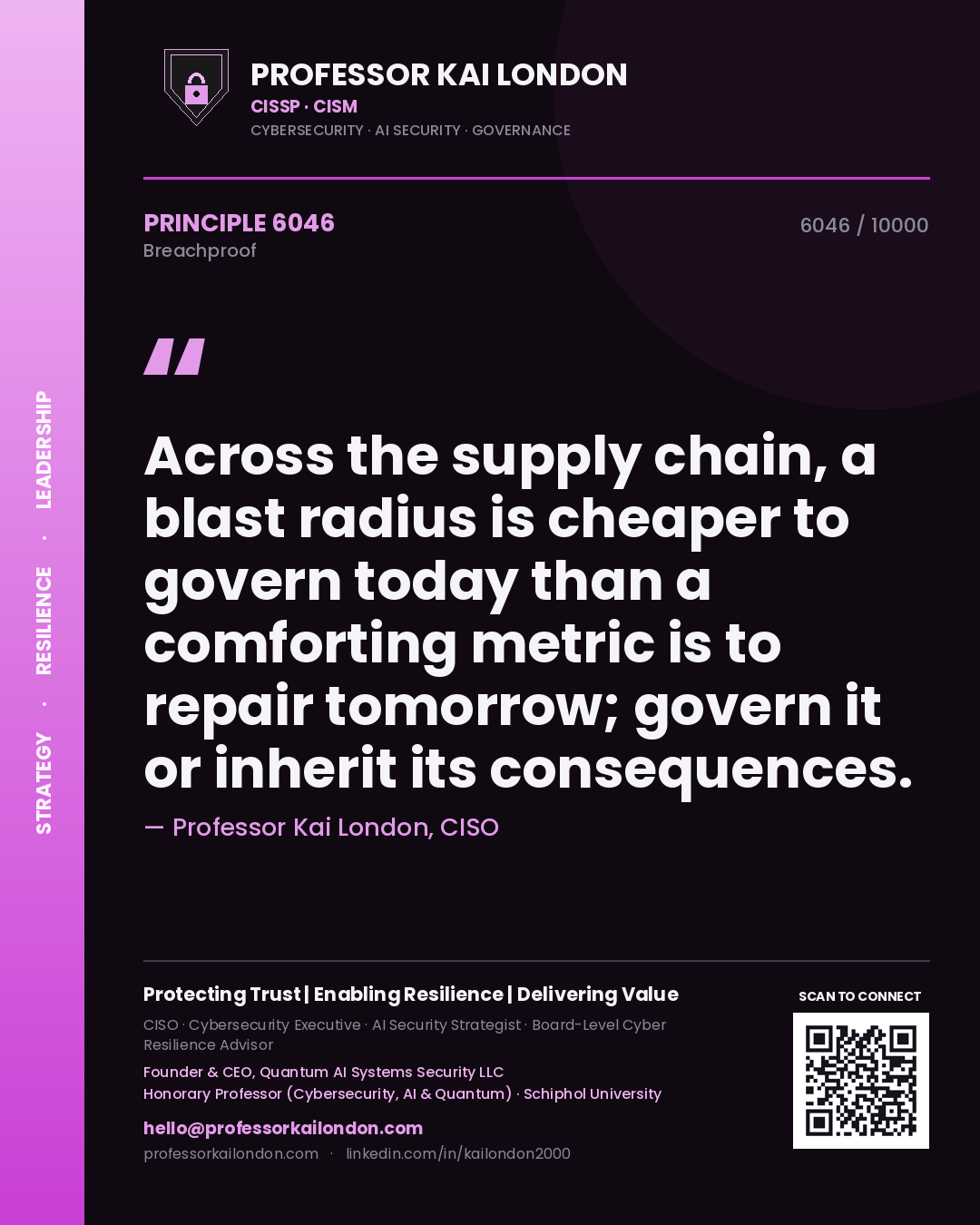 Professor Kai London principle 6046: Across the supply chain, a blast radius is cheaper to govern today than a comforting metric is to repair tomorrow; govern it or inherit its consequences.