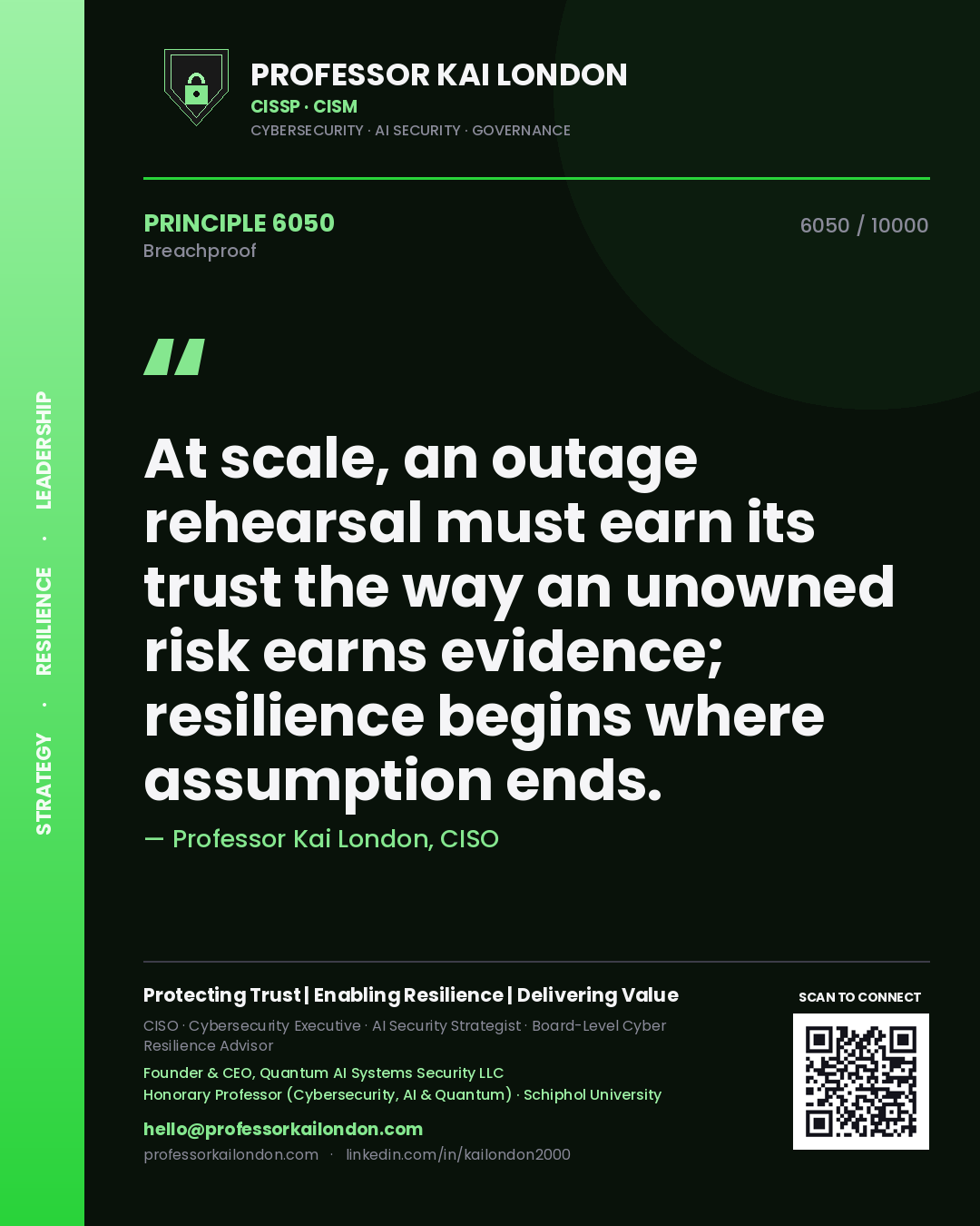 Professor Kai London principle 6050: At scale, an outage rehearsal must earn its trust the way an unowned risk earns evidence; resilience begins where assumption ends.