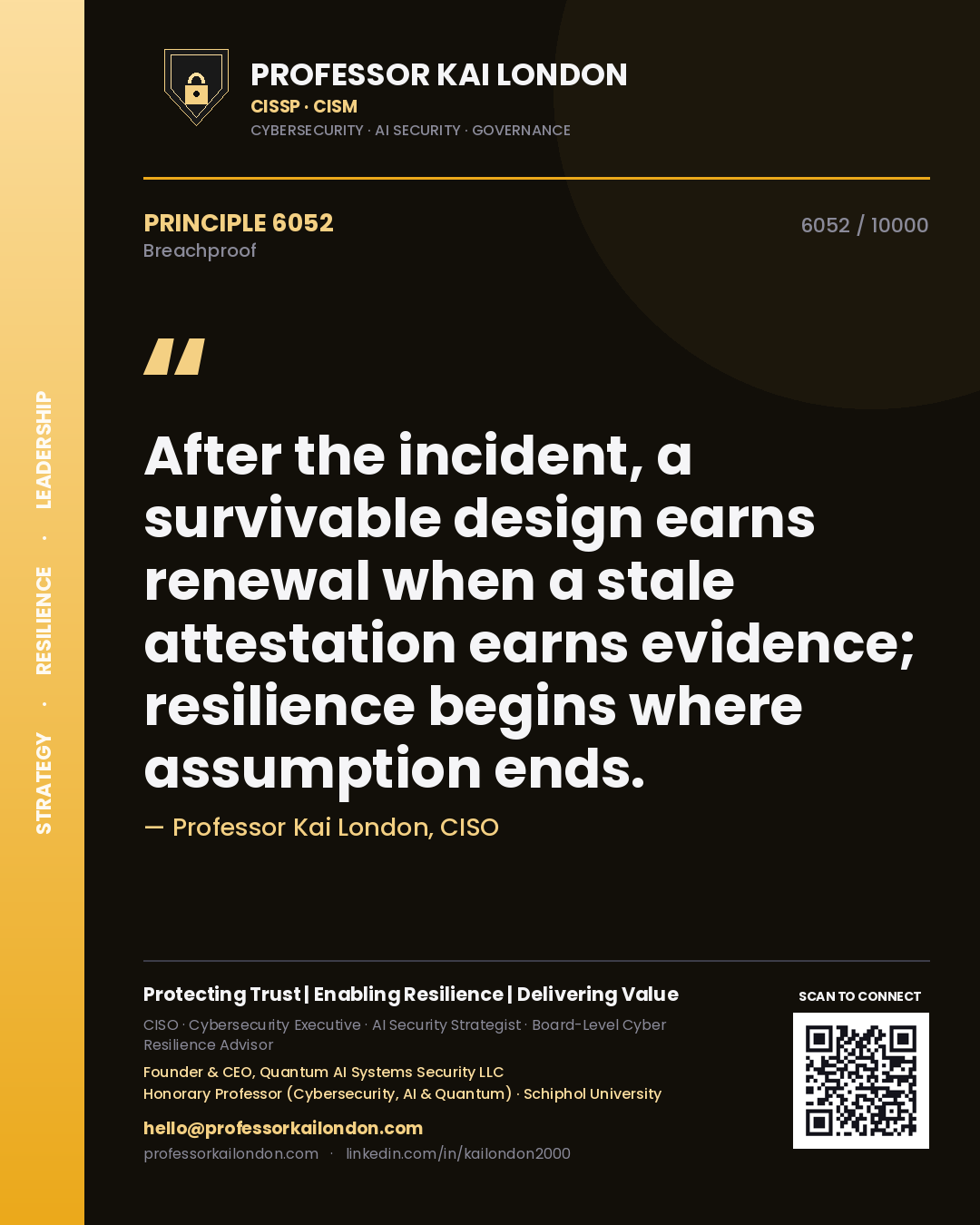 Professor Kai London principle 6052: After the incident, a survivable design earns renewal when a stale attestation earns evidence; resilience begins where assumption ends.
