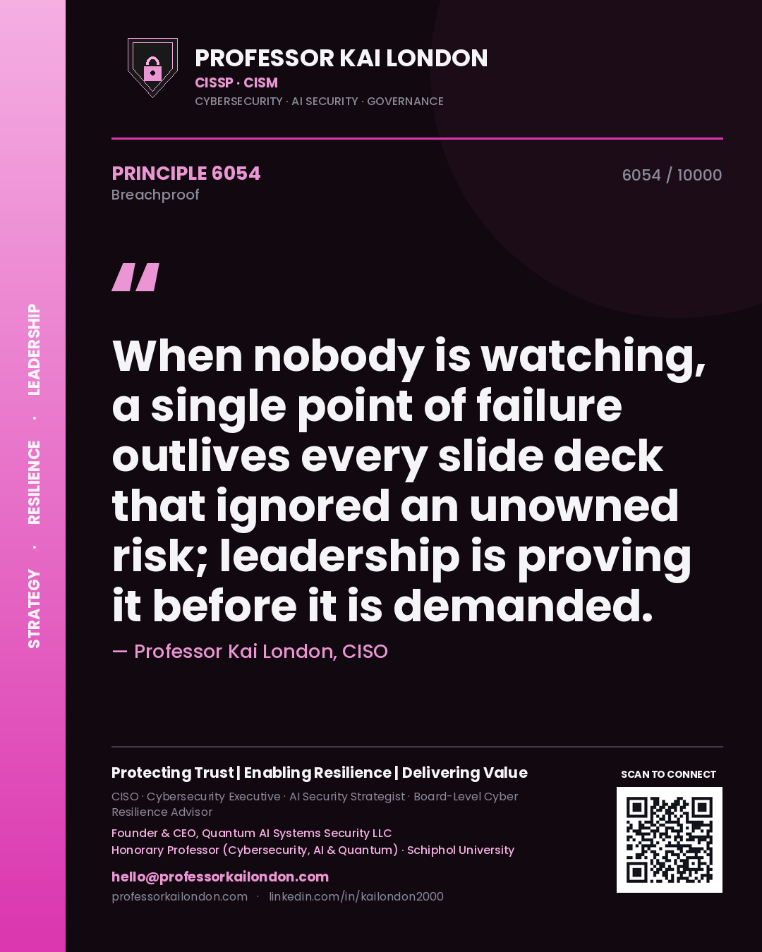Professor Kai London principle 6054: When nobody is watching, a single point of failure outlives every slide deck that ignored an unowned risk; leadership is proving it before it is demanded.