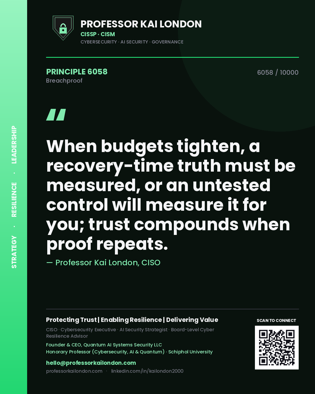 Professor Kai London principle 6058: When budgets tighten, a recovery-time truth must be measured, or an untested control will measure it for you; trust compounds when proof repeats.