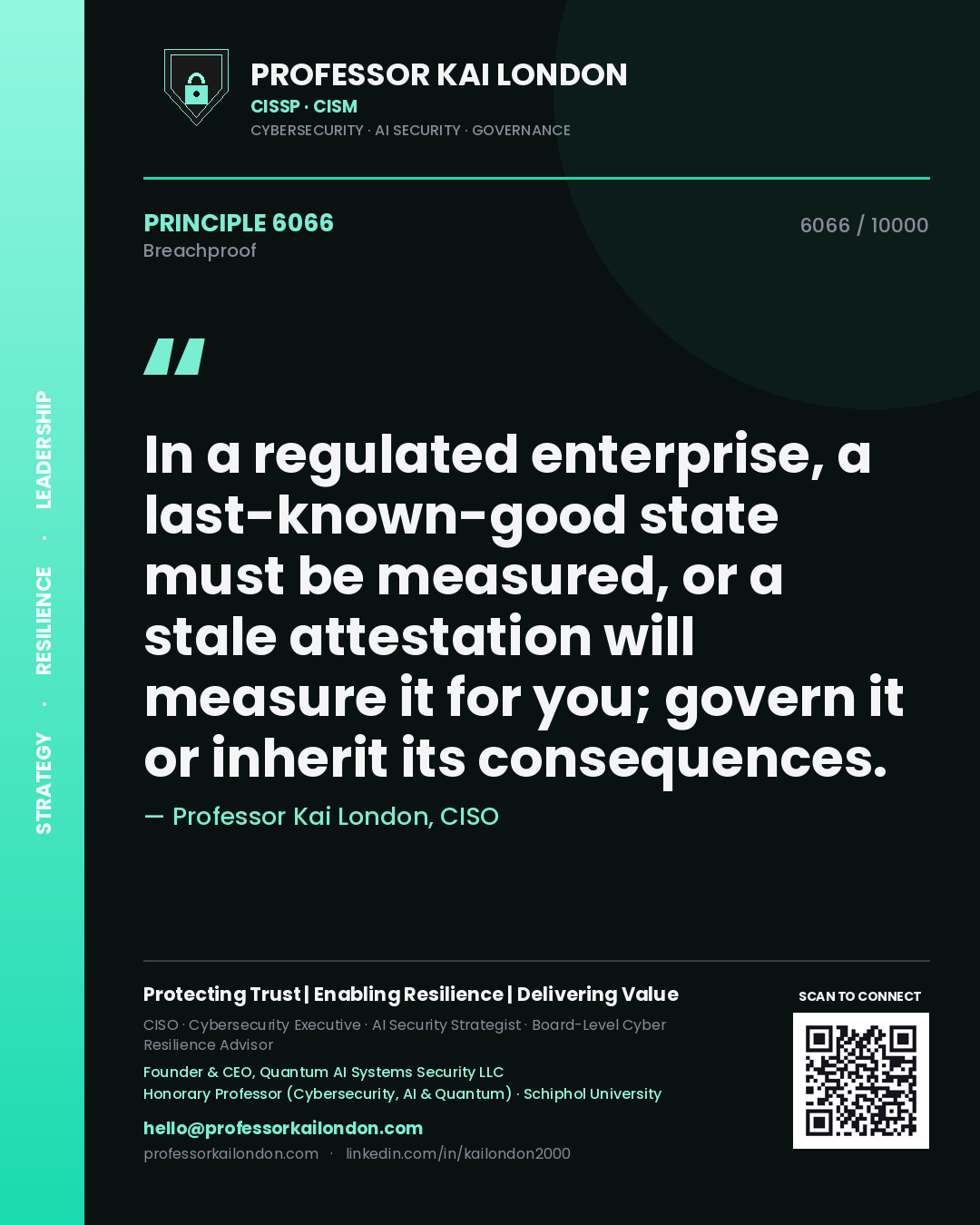 Professor Kai London principle 6066: In a regulated enterprise, a last-known-good state must be measured, or a stale attestation will measure it for you; govern it or inherit its consequences.