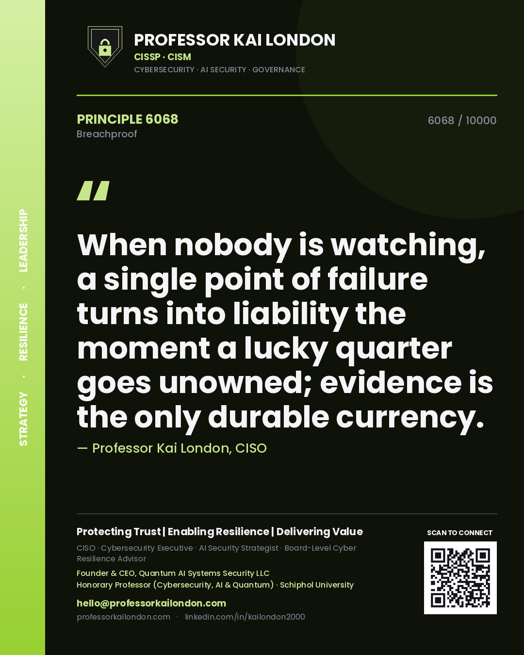 Professor Kai London principle 6068: When nobody is watching, a single point of failure turns into liability the moment a lucky quarter goes unowned; evidence is the only durable currency.