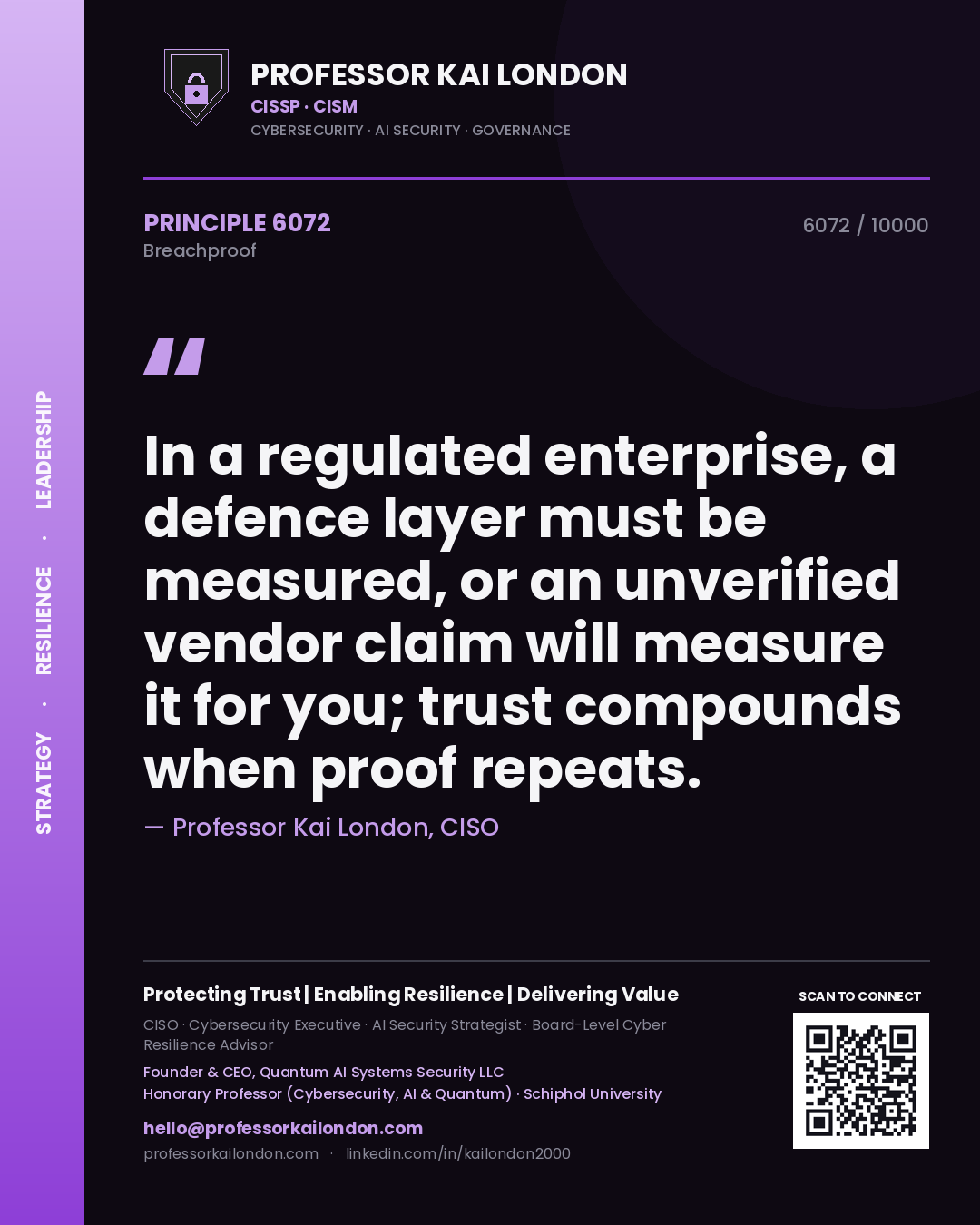 Professor Kai London principle 6072: In a regulated enterprise, a defence layer must be measured, or an unverified vendor claim will measure it for you; trust compounds when proof repeats.