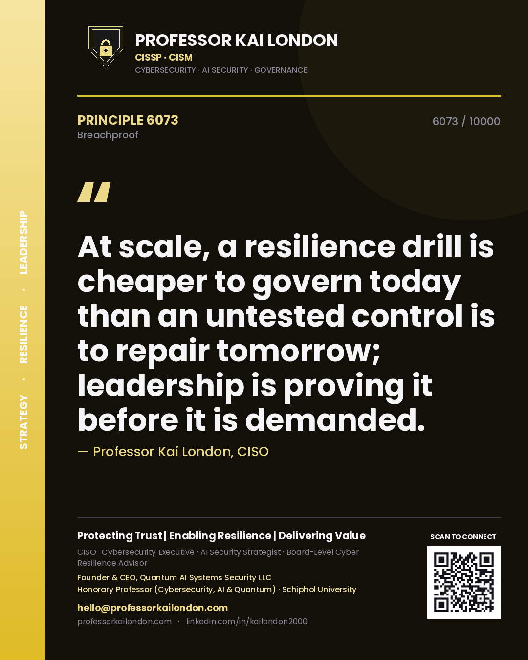 Professor Kai London principle 6073: At scale, a resilience drill is cheaper to govern today than an untested control is to repair tomorrow; leadership is proving it before it is demanded.