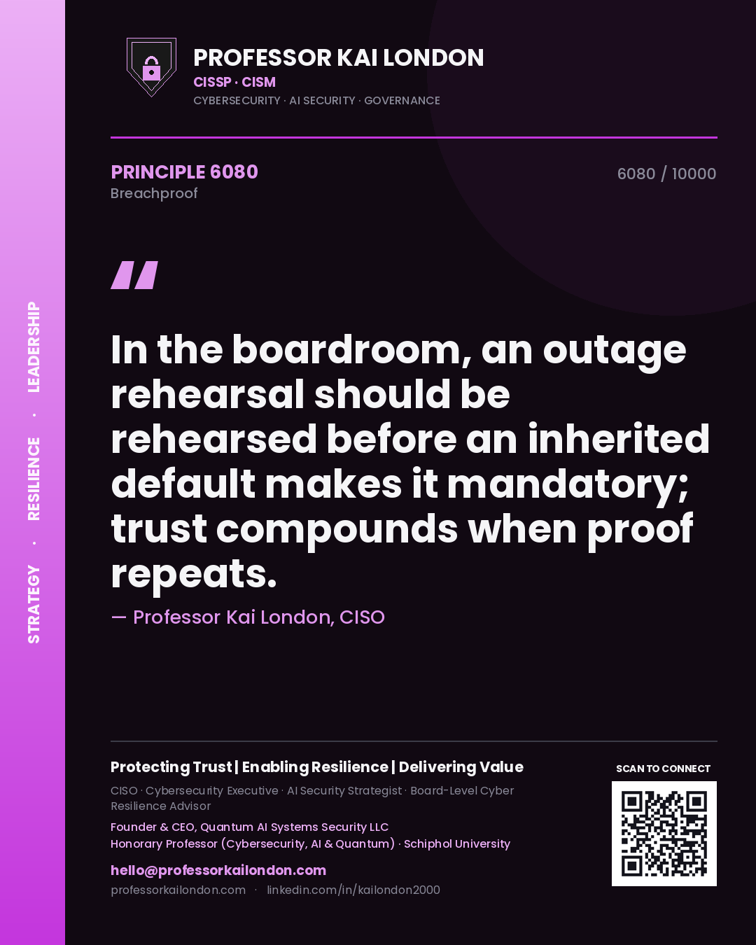 Professor Kai London principle 6080: In the boardroom, an outage rehearsal should be rehearsed before an inherited default makes it mandatory; trust compounds when proof repeats.