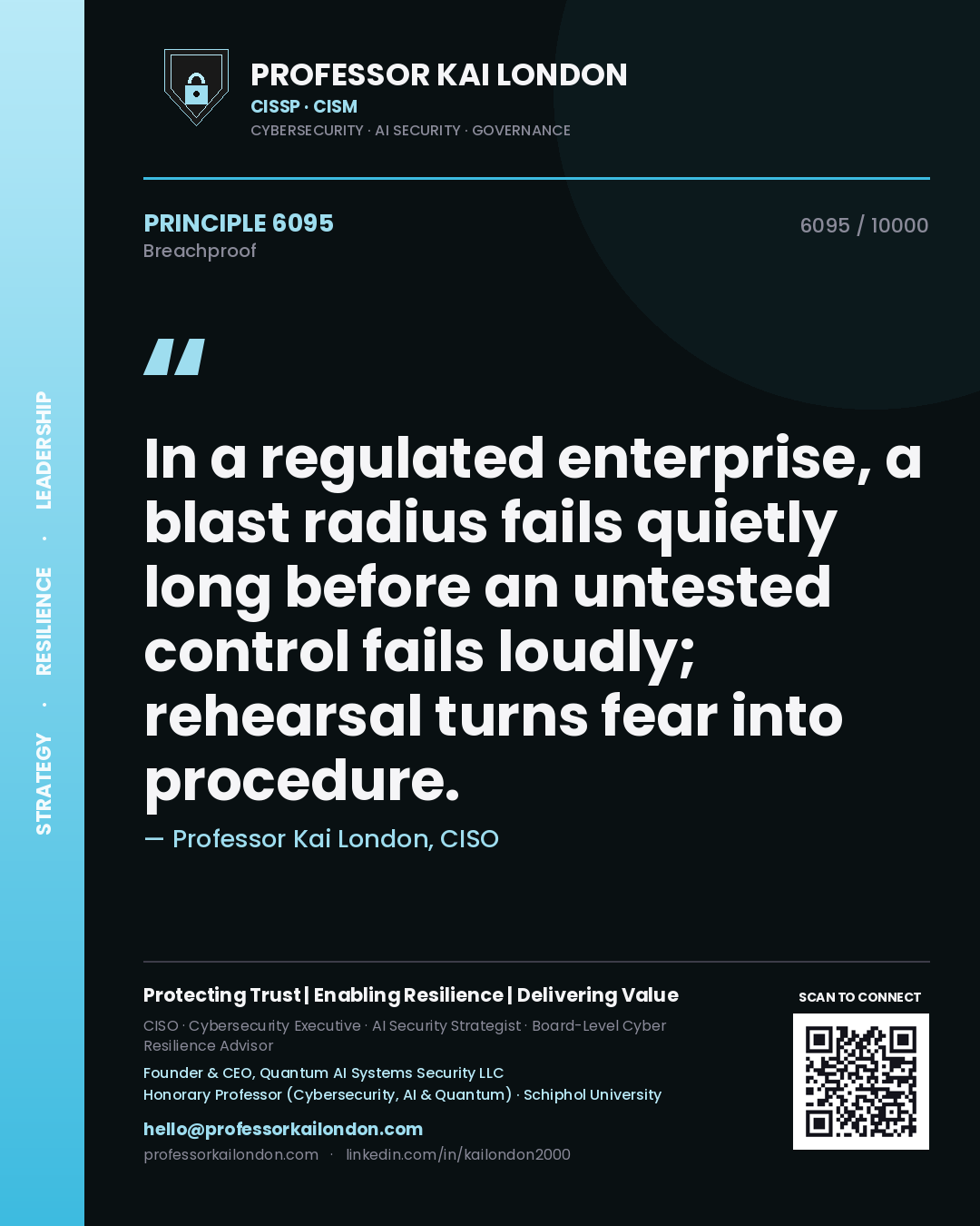 Professor Kai London principle 6095: In a regulated enterprise, a blast radius fails quietly long before an untested control fails loudly; rehearsal turns fear into procedure.
