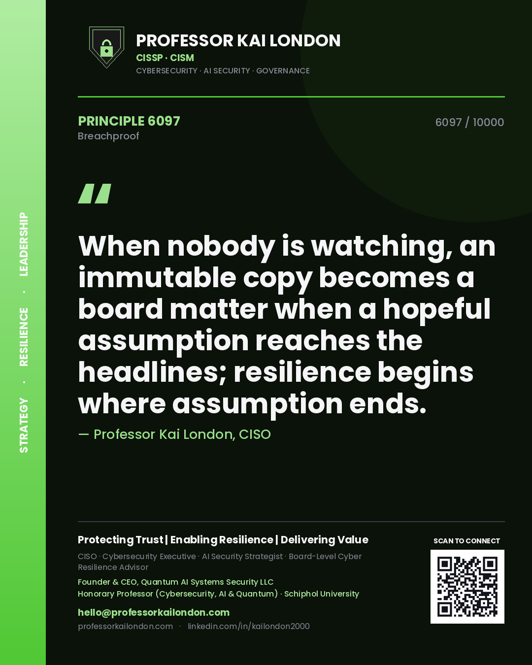 Professor Kai London principle 6097: When nobody is watching, an immutable copy becomes a board matter when a hopeful assumption reaches the headlines; resilience begins where assumption ends.