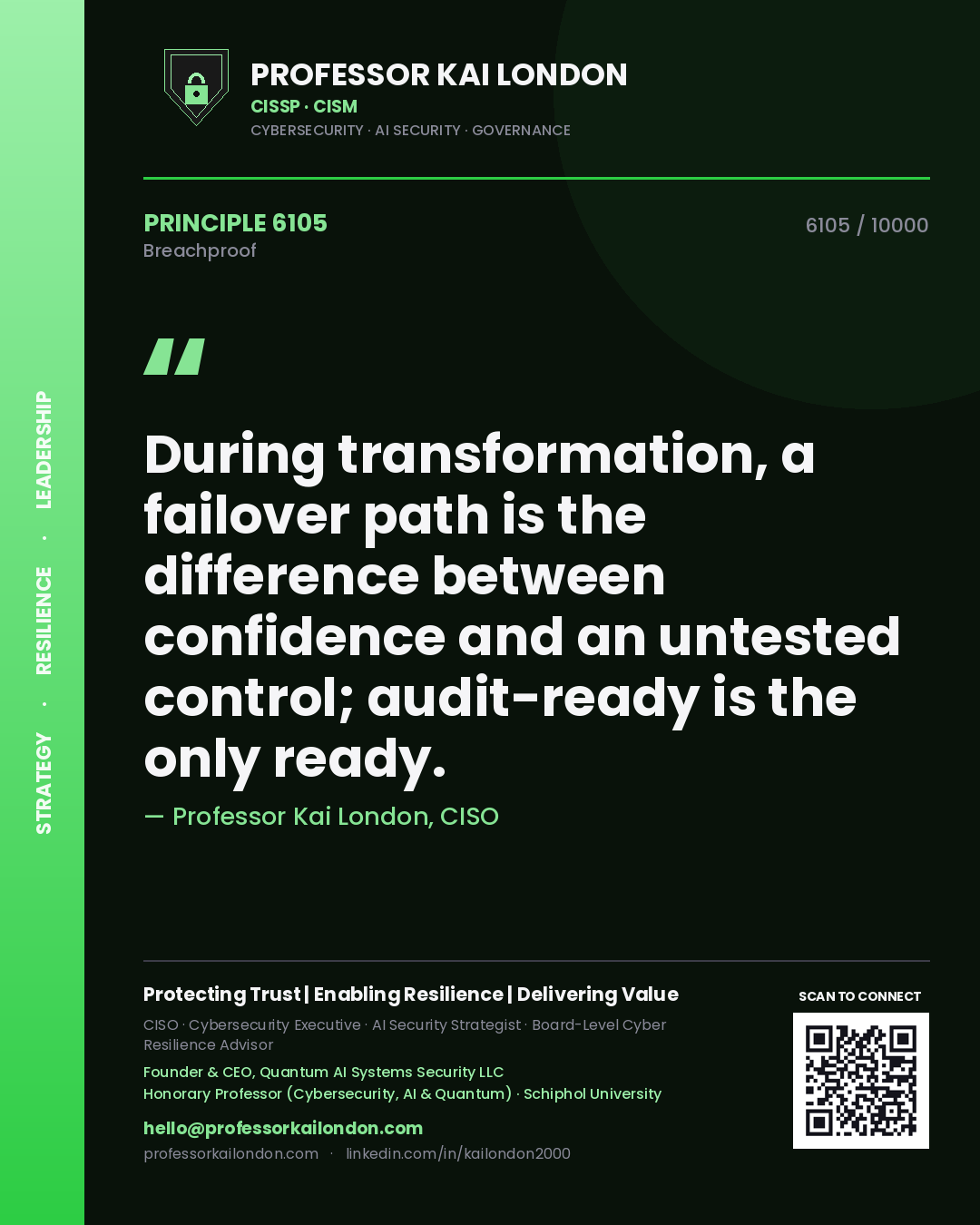 Professor Kai London principle 6105: During transformation, a failover path is the difference between confidence and an untested control; audit-ready is the only ready.