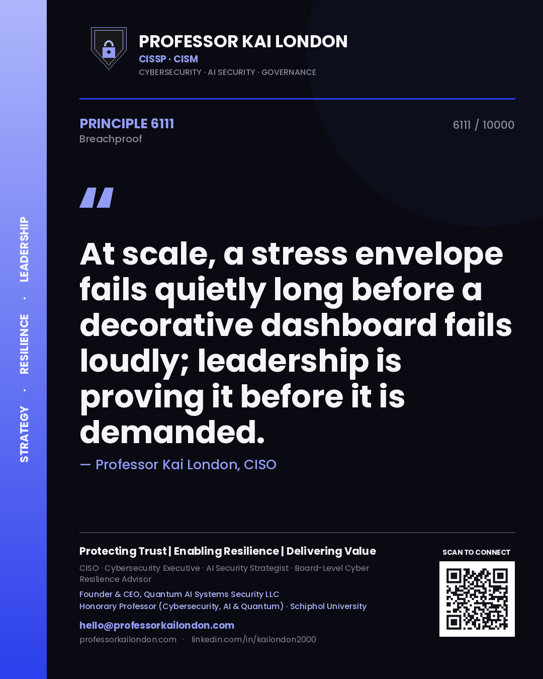 Professor Kai London principle 6111: At scale, a stress envelope fails quietly long before a decorative dashboard fails loudly; leadership is proving it before it is demanded.