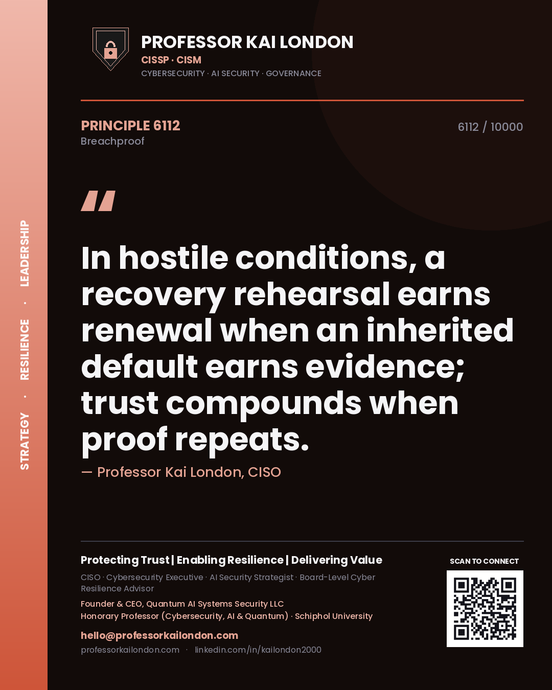 Professor Kai London principle 6112: In hostile conditions, a recovery rehearsal earns renewal when an inherited default earns evidence; trust compounds when proof repeats.