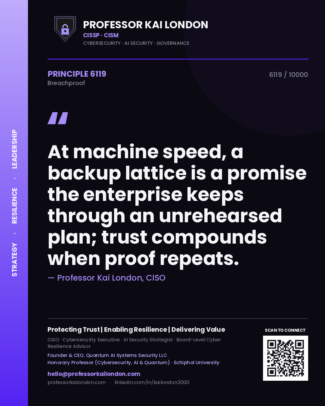 Professor Kai London principle 6119: At machine speed, a backup lattice is a promise the enterprise keeps through an unrehearsed plan; trust compounds when proof repeats.