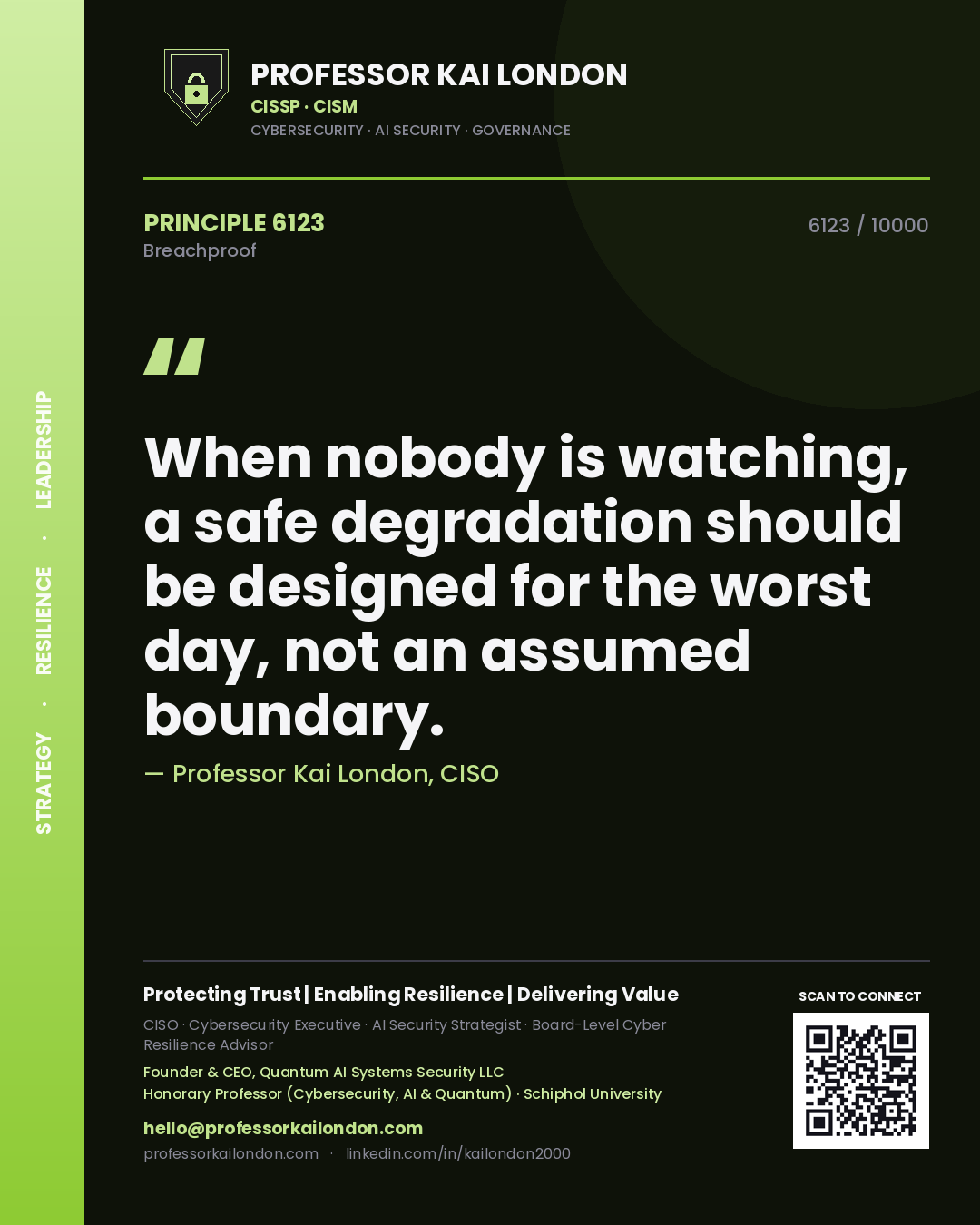 Professor Kai London principle 6123: When nobody is watching, a safe degradation should be designed for the worst day, not an assumed boundary.