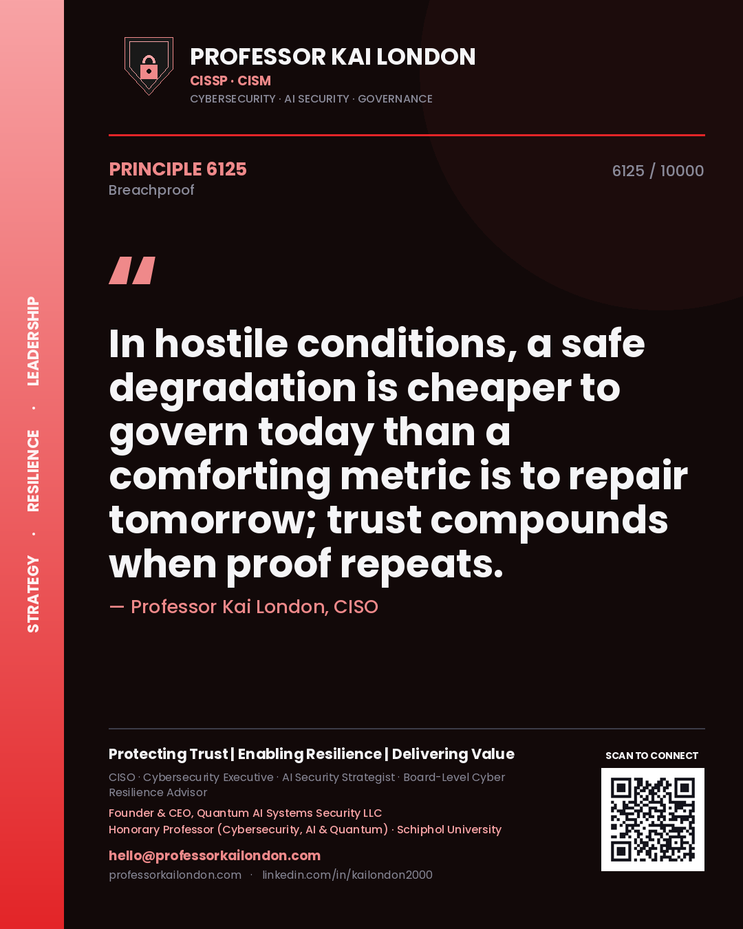 Professor Kai London principle 6125: In hostile conditions, a safe degradation is cheaper to govern today than a comforting metric is to repair tomorrow; trust compounds when proof repeats.