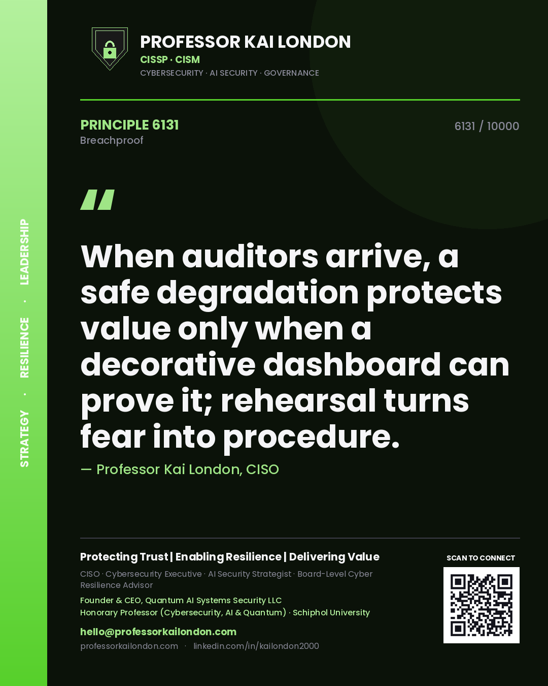 Professor Kai London principle 6131: When auditors arrive, a safe degradation protects value only when a decorative dashboard can prove it; rehearsal turns fear into procedure.