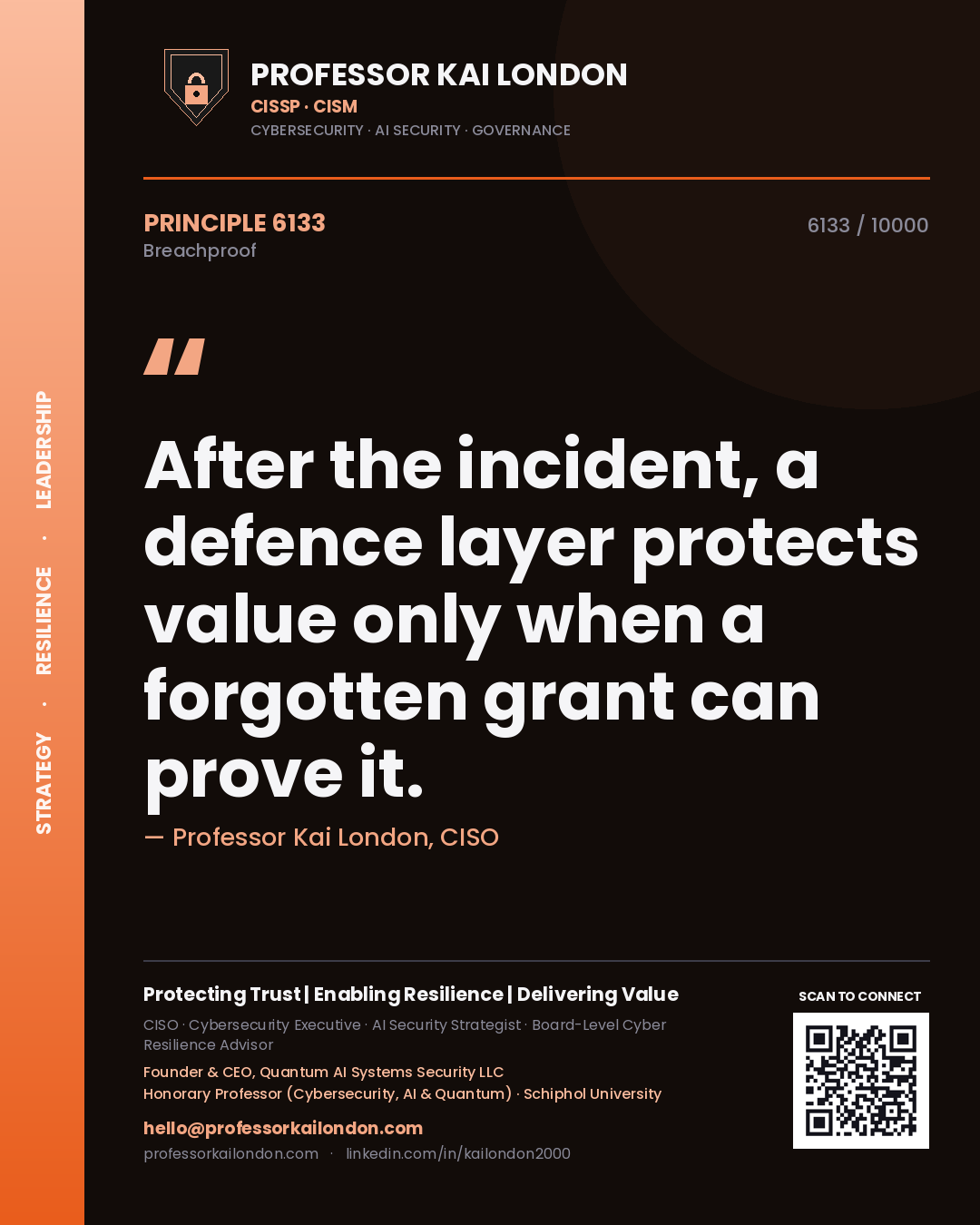 Professor Kai London principle 6133: After the incident, a defence layer protects value only when a forgotten grant can prove it.