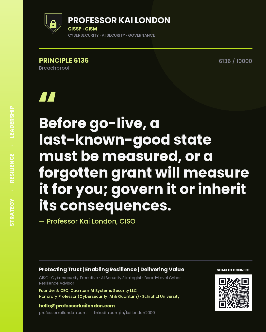 Professor Kai London principle 6136: Before go-live, a last-known-good state must be measured, or a forgotten grant will measure it for you; govern it or inherit its consequences.