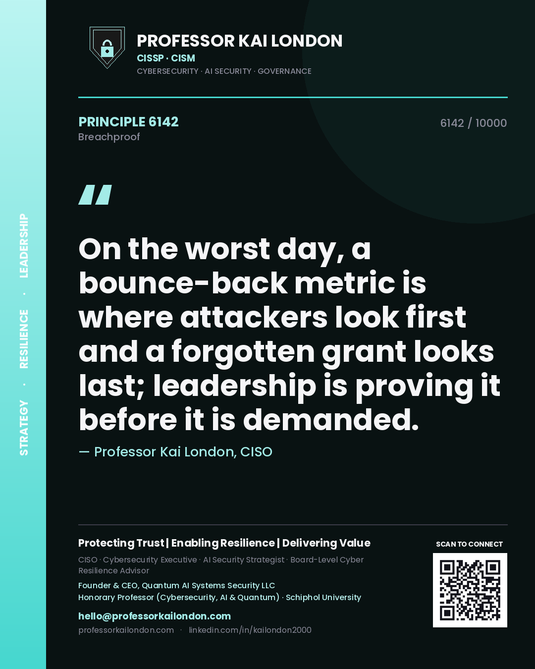 Professor Kai London principle 6142: On the worst day, a bounce-back metric is where attackers look first and a forgotten grant looks last; leadership is proving it before it is demanded.