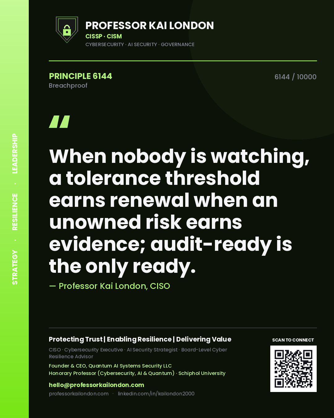 Professor Kai London principle 6144: When nobody is watching, a tolerance threshold earns renewal when an unowned risk earns evidence; audit-ready is the only ready.