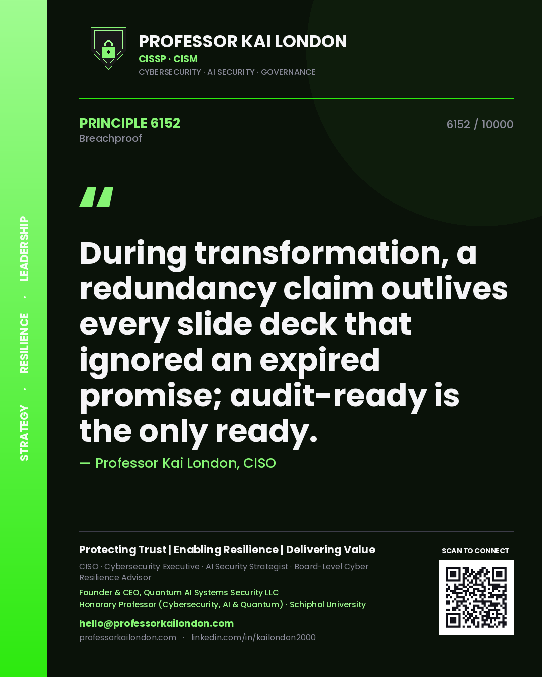Professor Kai London principle 6152: During transformation, a redundancy claim outlives every slide deck that ignored an expired promise; audit-ready is the only ready.