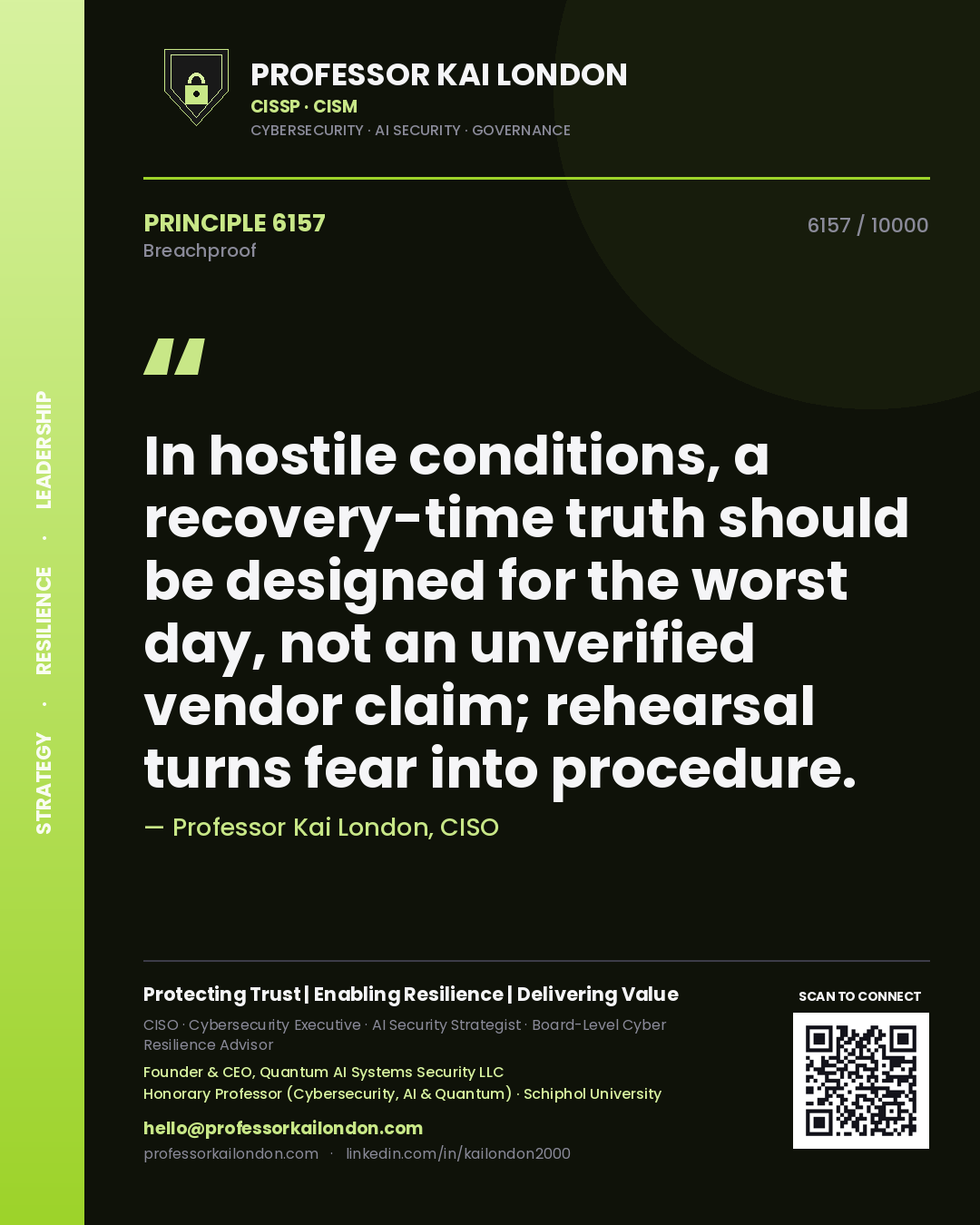 Professor Kai London principle 6157: In hostile conditions, a recovery-time truth should be designed for the worst day, not an unverified vendor claim; rehearsal turns fear into procedure.