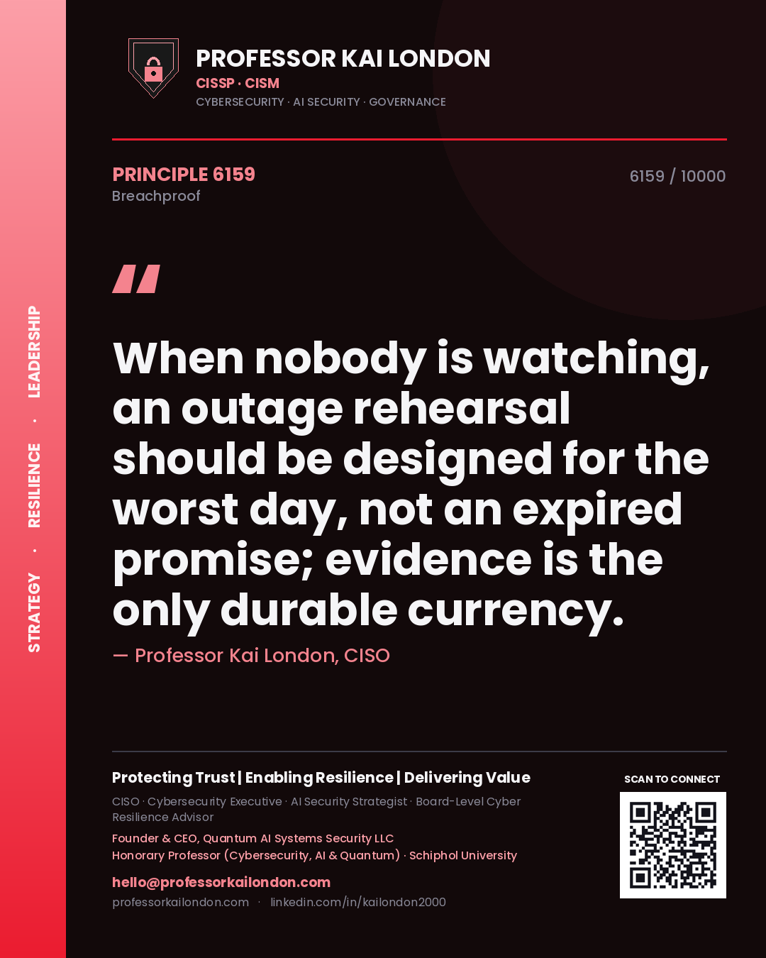 Professor Kai London principle 6159: When nobody is watching, an outage rehearsal should be designed for the worst day, not an expired promise; evidence is the only durable currency.