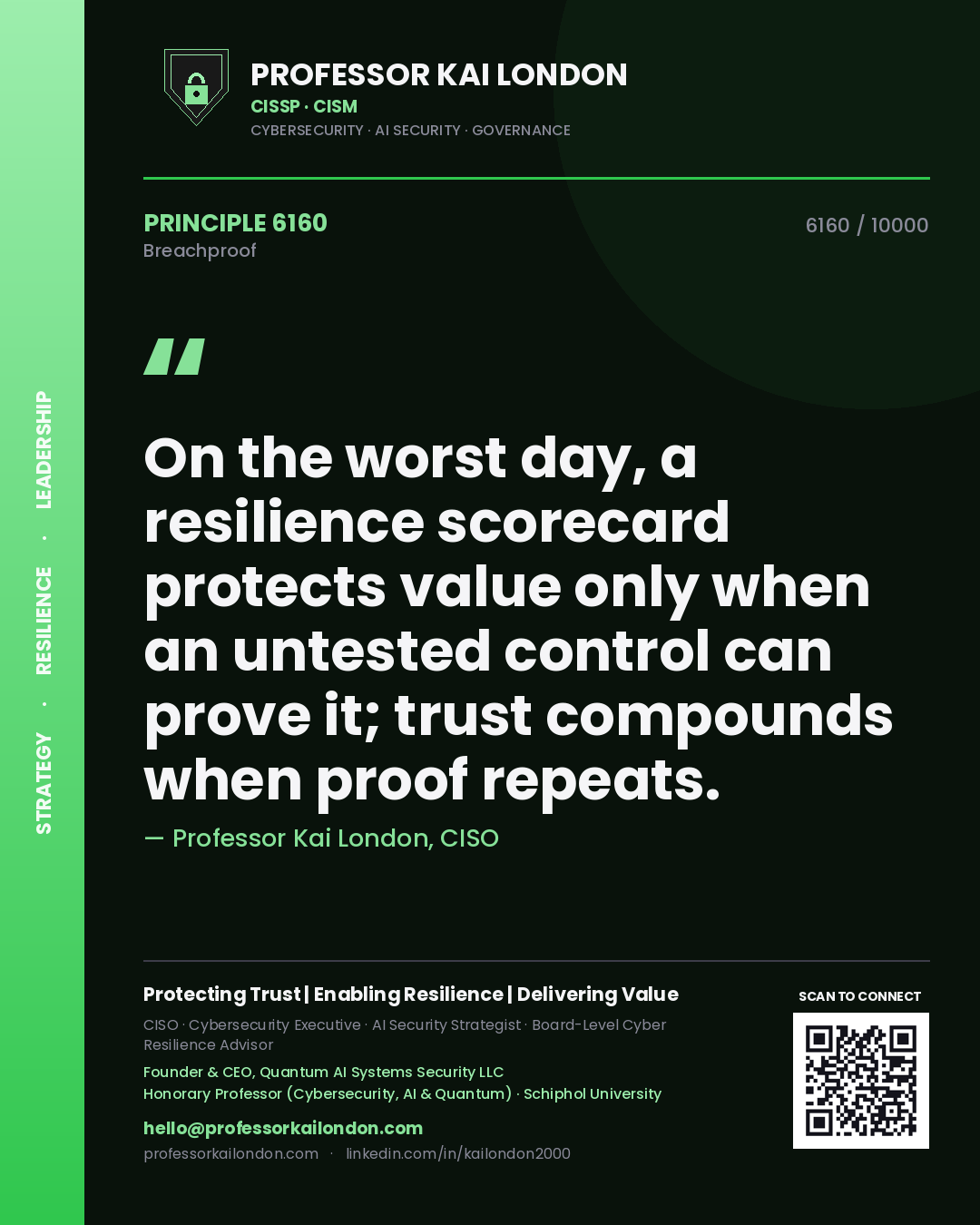 Professor Kai London principle 6160: On the worst day, a resilience scorecard protects value only when an untested control can prove it; trust compounds when proof repeats.